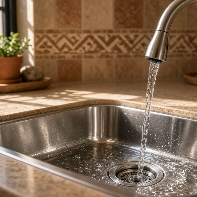 Running water from stainless steel kitchen faucet into sink on granite countertop, sunny window, potted plant.