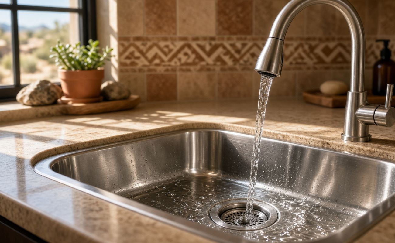 Running water from stainless steel kitchen faucet into sink on granite countertop, sunny window, potted plant.