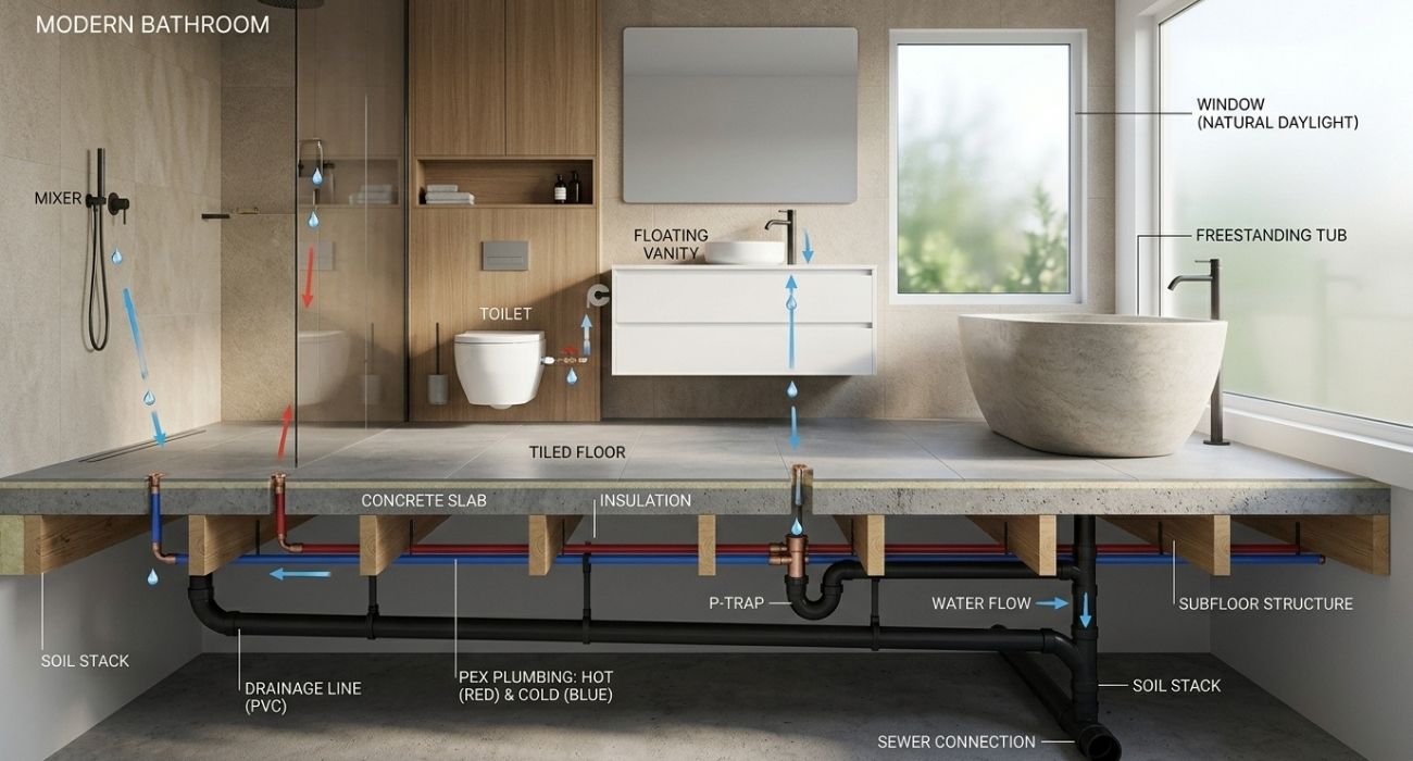 Modern bathroom plumbing diagram cutaway: shower, toilet, vanity, freestanding tub, PEX pipes, drainage, P-trap to sewer.