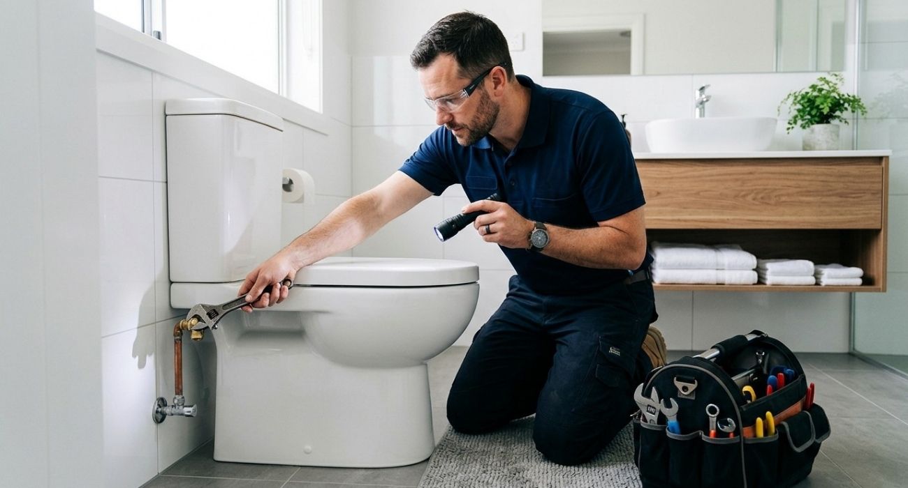 Plumber repairing toilet leak with wrench and flashlight in modern bathroom, tool bag beside him.