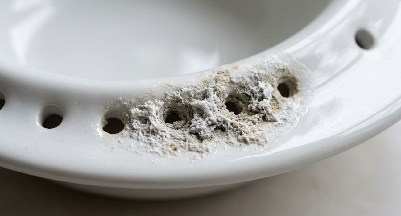 Hard water limescale buildup blocking toilet rim holes on a porcelain bowl