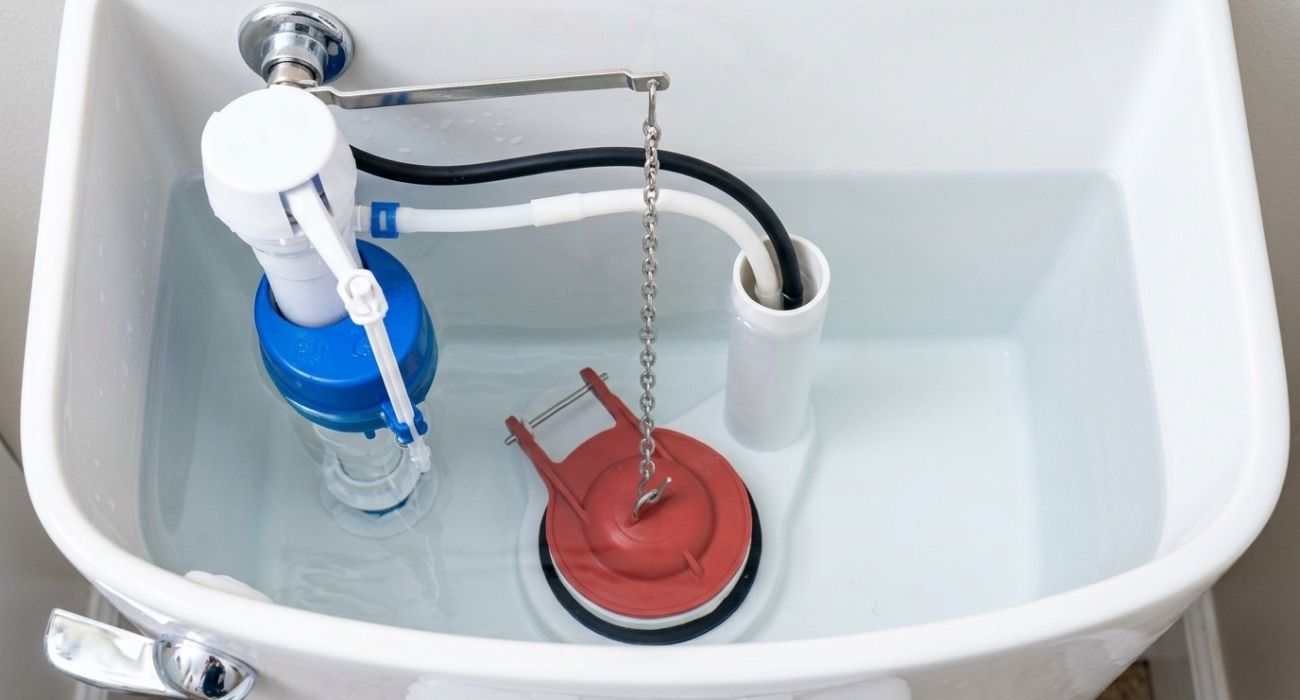 Toilet tank interior showing fill valve, overflow tube, and red flapper chain—DIY fix for running toilet plumbing repair.