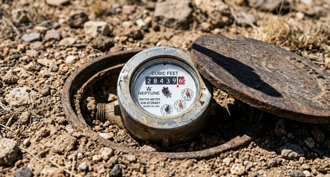 Open Neptune water meter in gravel with rusty lid; reading 284396 cubic feet.