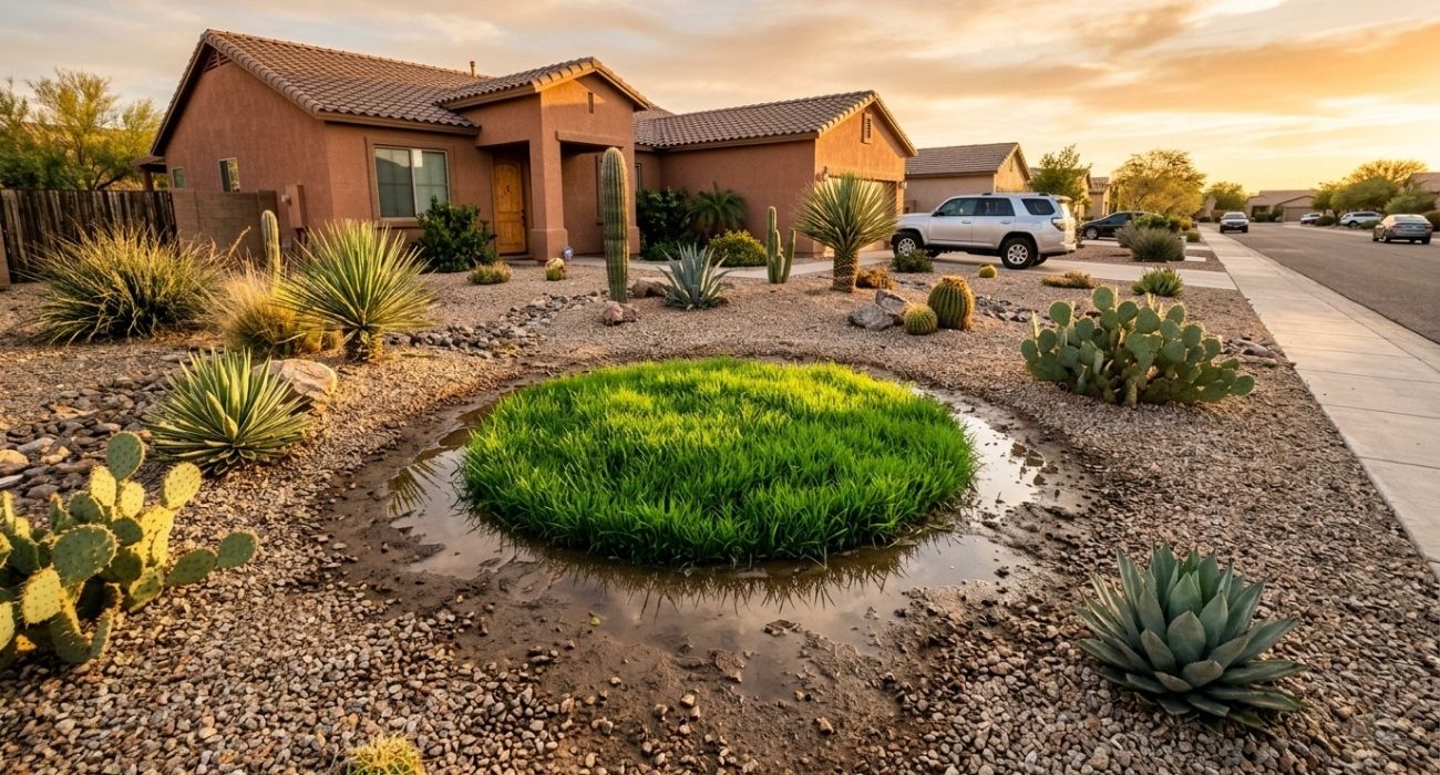 Desert xeriscape front yard with cacti, agave and gravel, featuring a green grass island and water puddle at sunset.