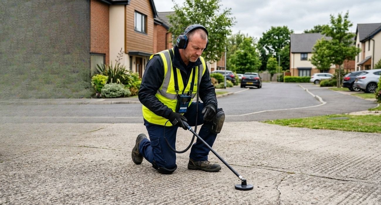 Technician using acoustic leak detector to find underground water pipe leak on a residential driveway street.