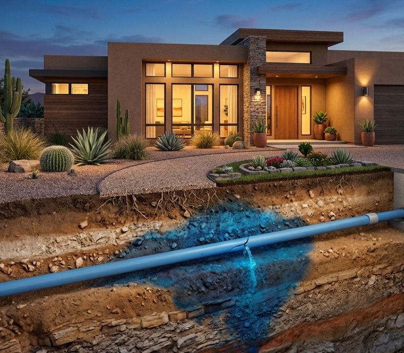 Modern desert home with xeriscape and underground plumbing leak shown in cutaway, blue water seeping from cracked pipe