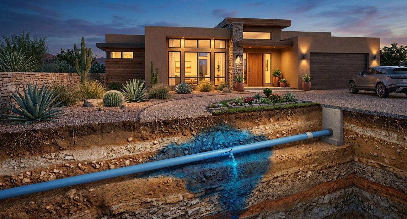 Modern desert home with xeriscape and underground plumbing leak shown in cutaway, blue water seeping from cracked pipe